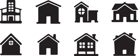 Set of silhouette icons related to apartment, flat, home, architecture, property, building, residential, silhouette vector icon set on white background.
