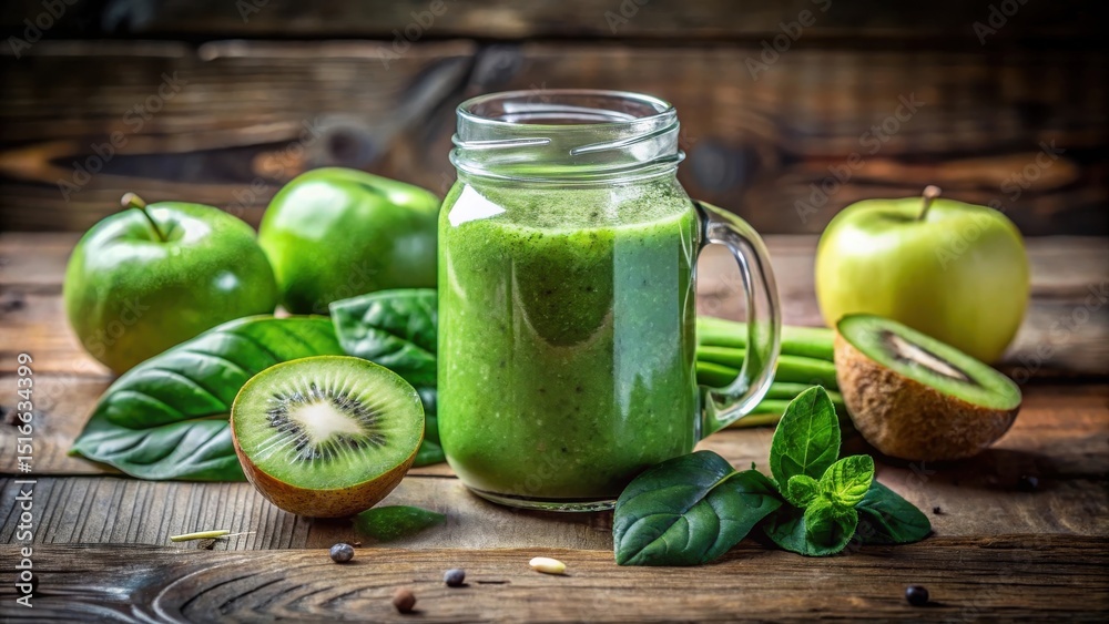 Poster refreshing green smoothie with kiwi and apples in glass jar
