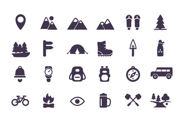 Camping and hiking icon set. flat adventure and outdoor travel symbols including tent, compass, backpack, campfire, map pin, and more. vector illustration