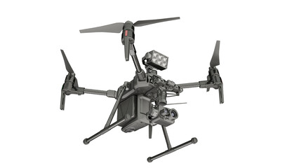 Detailed underside view of a drone designed for search and rescue missions. Isolated on a white background. 3D illustration.