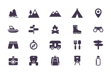 Camping and hiking icon set. flat adventure and outdoor travel symbols including tent, compass, backpack, campfire, map pin, and more. vector illustration