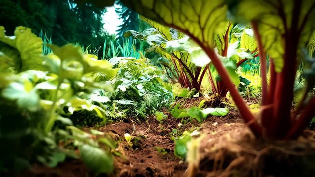 Close-up view through a vegetable garden with beet plants, dirt, roots, and green leaves with a forest background, offering a view into nature's abundance.