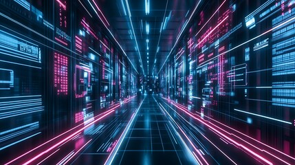 Fototapeta premium Futuristic server room tunnel with glowing data streams