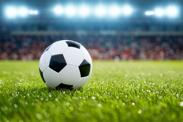 Fototapeta premium Soccer ball on grass field at stadium for championship league football game