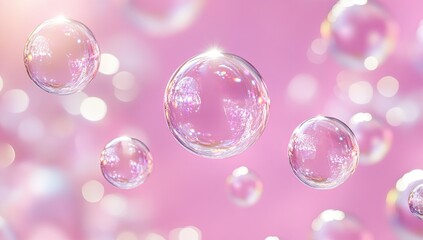 Transparent Pink Bubbles Floating on Soft Light Blurred Background