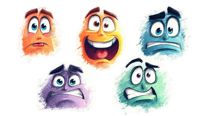 Fototapeta premium Five colorful cartoon faces are expressing different human emotions, such as sadness, happiness, fear, and anger, on a transparent background