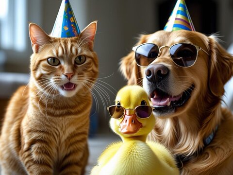Cat, Dogs, and Duckling Celebrating Birthday