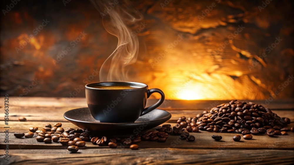 Poster aromatic dark roast coffee in a steaming mug on rustic wooden table with scattered beans