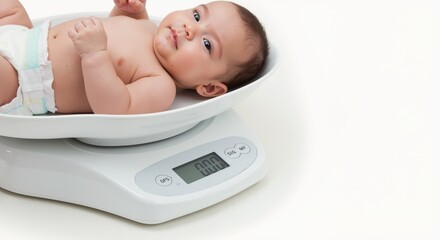Baby lying on scale while being weighed at home