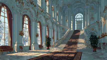 Obraz premium Hall interior with staircase in medieval royal castle. Vector cartoon illustration of empty hallway in baroque palace with stairs, balustrade, columns, tall windows, red curtains and carpet