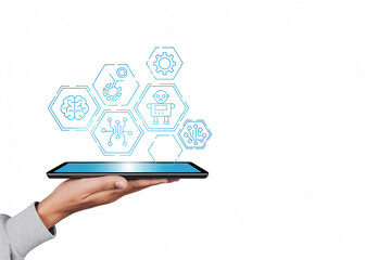 Hand holding tablet displaying futuristic technology icons representing artificial intelligence, machine learning, and digital transformation