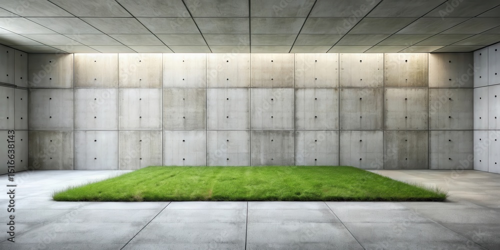 Poster modern minimalist interior design featuring a patch of vibrant green grass against a backdrop of tex