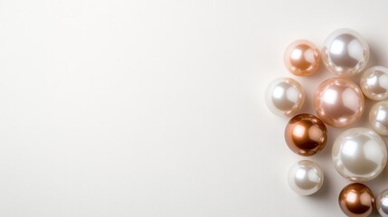 A beautiful arrangement of pearls in various colors and sizes on a soft, light background, showcasing their luster and elegance. Perfect for jewelry or luxury concepts.