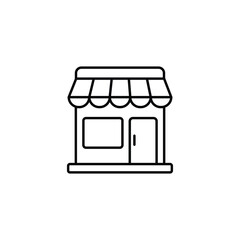 Minimalist black line icon of a storefront with an awning, window, and door. Ideal for business, shop, or retail-themed designs, apps, websites, and digital marketing materials.