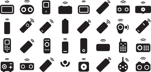 Set of silhouette vector icons related to remote control, wireless, remote, smart, keypad, controller on white background.
