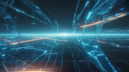 A horizon made of transparent glass grids wireframes, blue orange lines sweeping wave like motion, nodes lighting up as data flows through, reflective surfaces and depth haze for epic sci-fi tone - Powered by Adobe