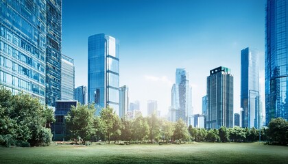 Obraz premium modern blue metropolitan cityscape office buildings park industrial office scene hand edited ai