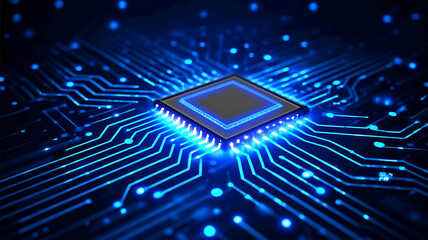 Blue background with a circuit board and a chip in the center a digital technology concept