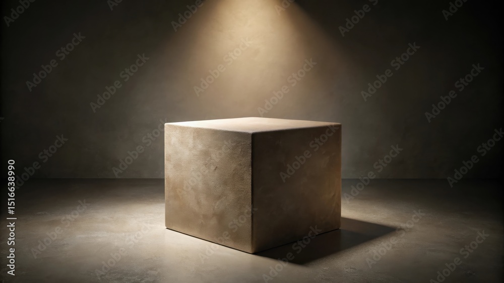 Poster illuminated cubic pedestal on textured floor, ready for product display or artistic presentation
