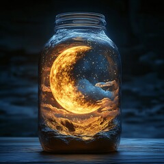 A surreal illustration of a glowing moon inside a jar, evoking mystery and fantasy. Perfect for design projects related to nocturnal themes, dreams, or calming atmospheres.