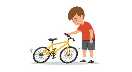Fototapeta premium Illustration of a sad boy looking at a flat tire on his yellow bicycle