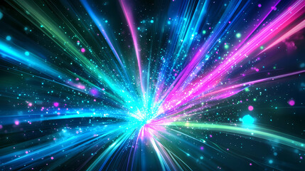Naklejka premium A dynamic burst of neon blue, pink, and green, with glowing, energetic lines fanning outward, surrounded by abstract particle effects. 