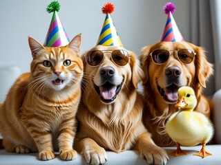 Cat, Dogs, and Duckling Celebrating Birthday