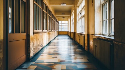Long hallway in an old building.
