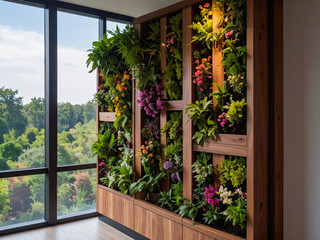 Fototapeta premium Indoor Vertical Garden with Dominant Greenery, Floral Wall Accents, and Wooden Elements – Modern Natural Interior Decor