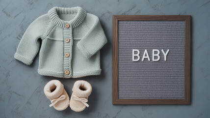 Adorable Baby Knitwear Set Sage Green Cardigan, Cream Booties, and Letter Board