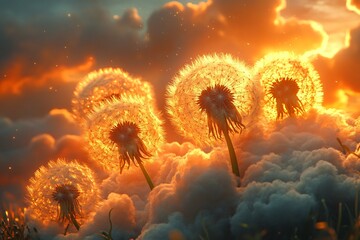 Surreal image of dandelions floating on clouds, ideal for dreamy design projects, fantasy themes, or peaceful environments. Perfect for art, wellness, and nature-focused needs.