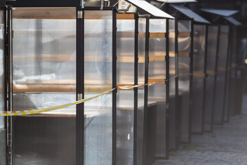 Row of closed stalls in Camden Market, London, England