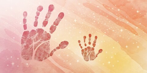 Celebration honoring Mother's Day concept. Artistic depiction of two handprints, one large and one small, against a colorful abstract background.