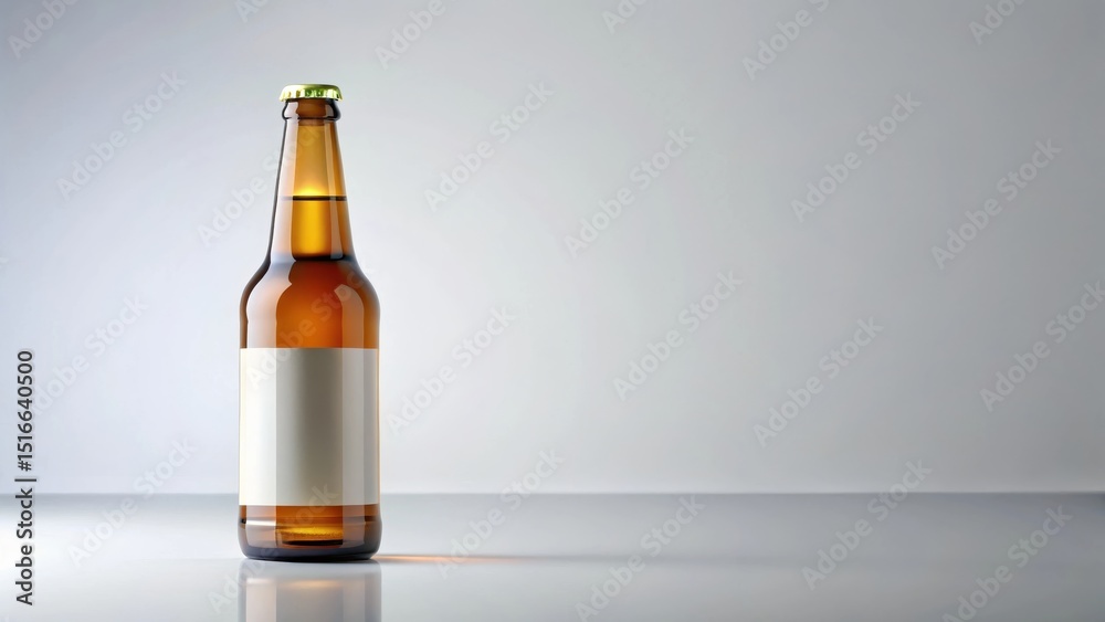 Poster a single amber glass bottle with a blank label rests on a reflective surface against a minimalist ba