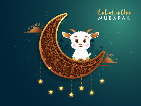 Eid AL Adha or Bakrid banner, poster design vector Illustration. Beautiful golden mandala hand drawn moon and cute goat.