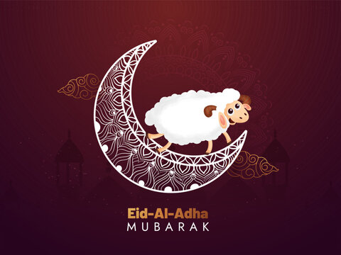 Eid AL Adha or Bakrid banner, poster design vector Illustration. Beautiful mandala hand drawn moon and cute goat.
