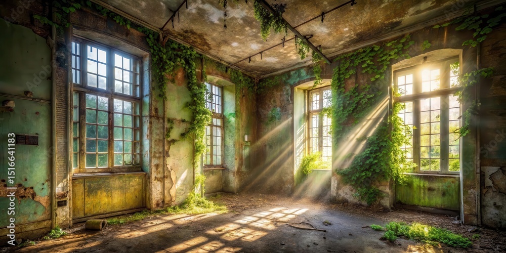 Aufkleber sunbeams illuminate a derelict room overgrown with lush greenery, walls crumbling and showing the pa