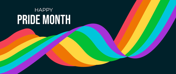 Happy Pride Month background. 2025 Gay Pride Month. Vector banner with wavy pride flag on dark background