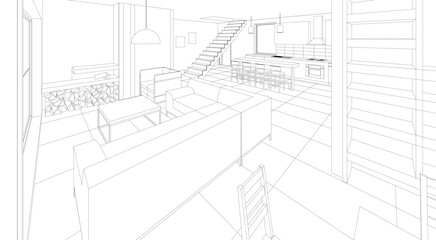 interior kitchen living room 3d illustration	
