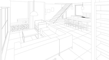 interior kitchen living room 3d illustration	
