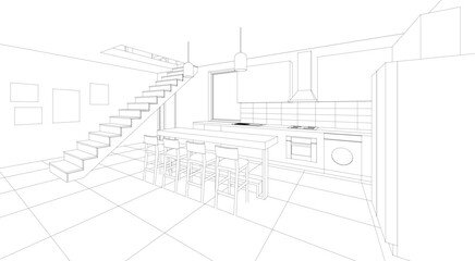 interior kitchen living room 3d illustration	
