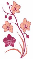 Vector fantasy orchids with gradient petals, smooth lines, emphasis on the curves of the stems, tropical palette
