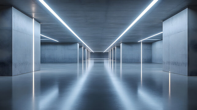 Empty modern underground parking garage with bright fluorescent lighting, concrete walls, and polished floor, offering a clean and spacious environment. : Generative AI