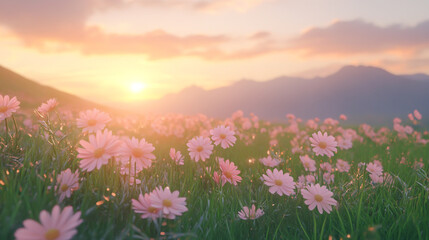 Obraz premium Pink daisy flowers growing in a grassy meadow with a mountain range in the background at sunset, backlit, creating a beautiful natural landscape.