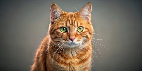 A ginger cat with striking green eyes stares intently into the camera, its orange fur glowing softly against a muted background.