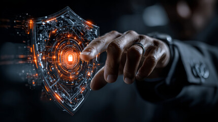 Businessman hand touches a shield, software development is a protective measure. The concept represents safeguarding data integrity, intellectual property, user privacy, system security.