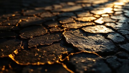 Golden Cracks on Charcoal Surface: Dramatic Lighting, Texture, Decay, Ancient Mystery