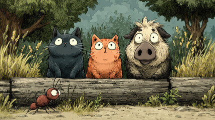 Cute animals in summer garden. Vector cartoon illustration of sad cat, scared dog, ant and happy wild boar on log in backyard with wooden fence, green lawn, trees and bushes, rural farm, pet adoption