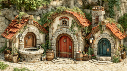 Forest village or dwarves valley objects set. Cartoon fairytale elf or dwarf house, well and lantern. Isolated vector stone dwelling for gnome with wooden door, tiled sloping roof, fantasy buildings