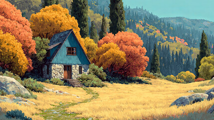 House in autumn forest landscape cartoon vector scene. Fall fairy tale beautiful garden illustration with cabin home near tree. Rural building exterior on lawn outdoor horizontal panorama environment